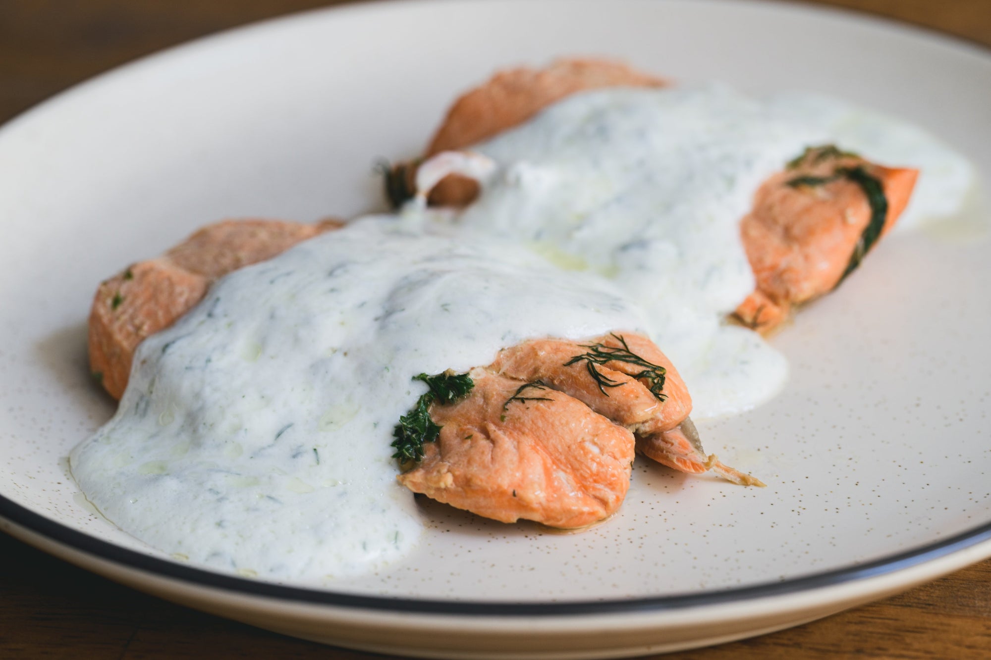 Chamomile Poached Salmon with Yogurt Dill Sauce