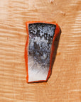 Raw king salmon portion skin side up on a wooden background