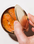 Hand opening a can of salmon on a white background
