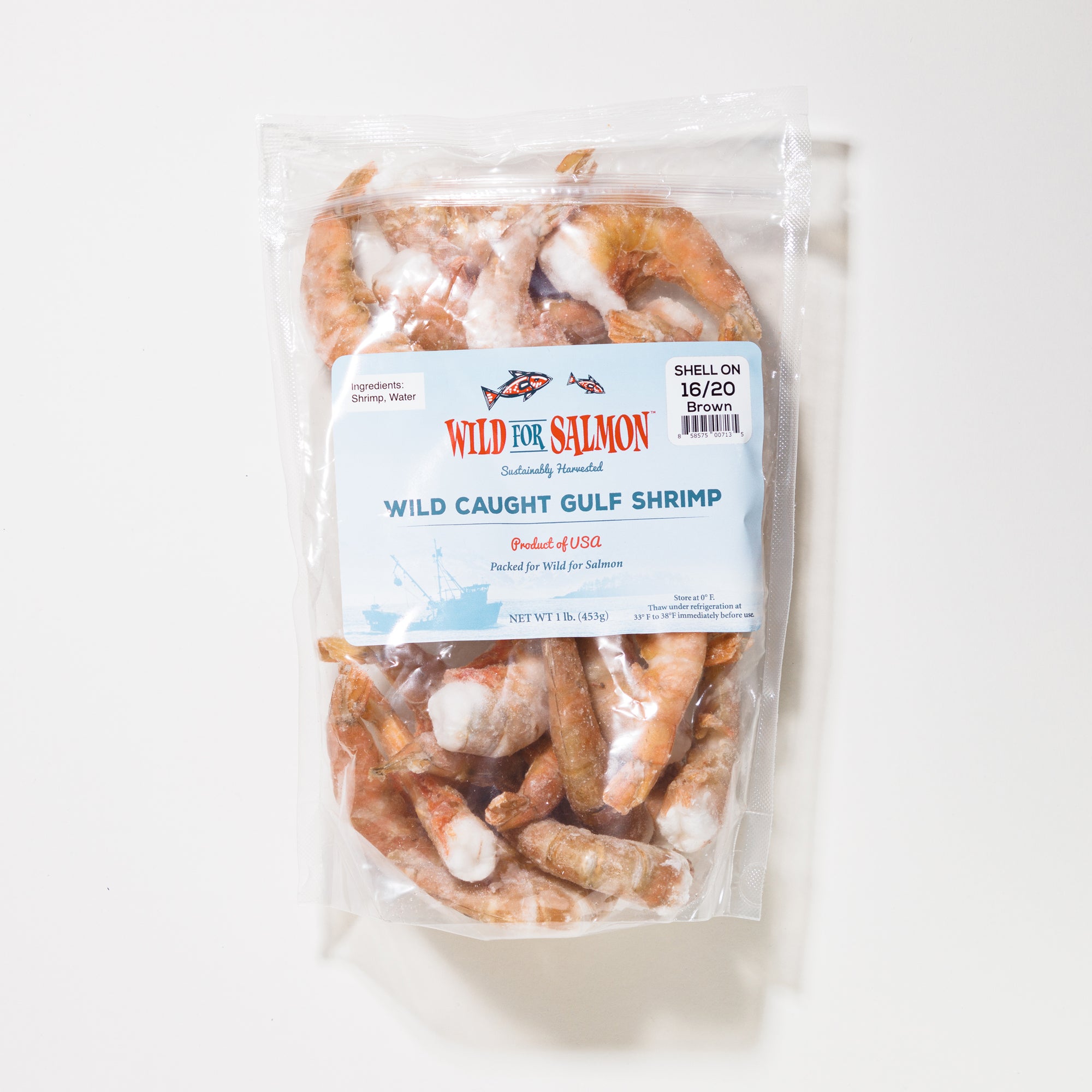 Packaged shrimp with a 'Wild for Salmon' label on a white background