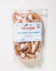 Packaged shrimp with a 'Wild for Salmon' label on a white background