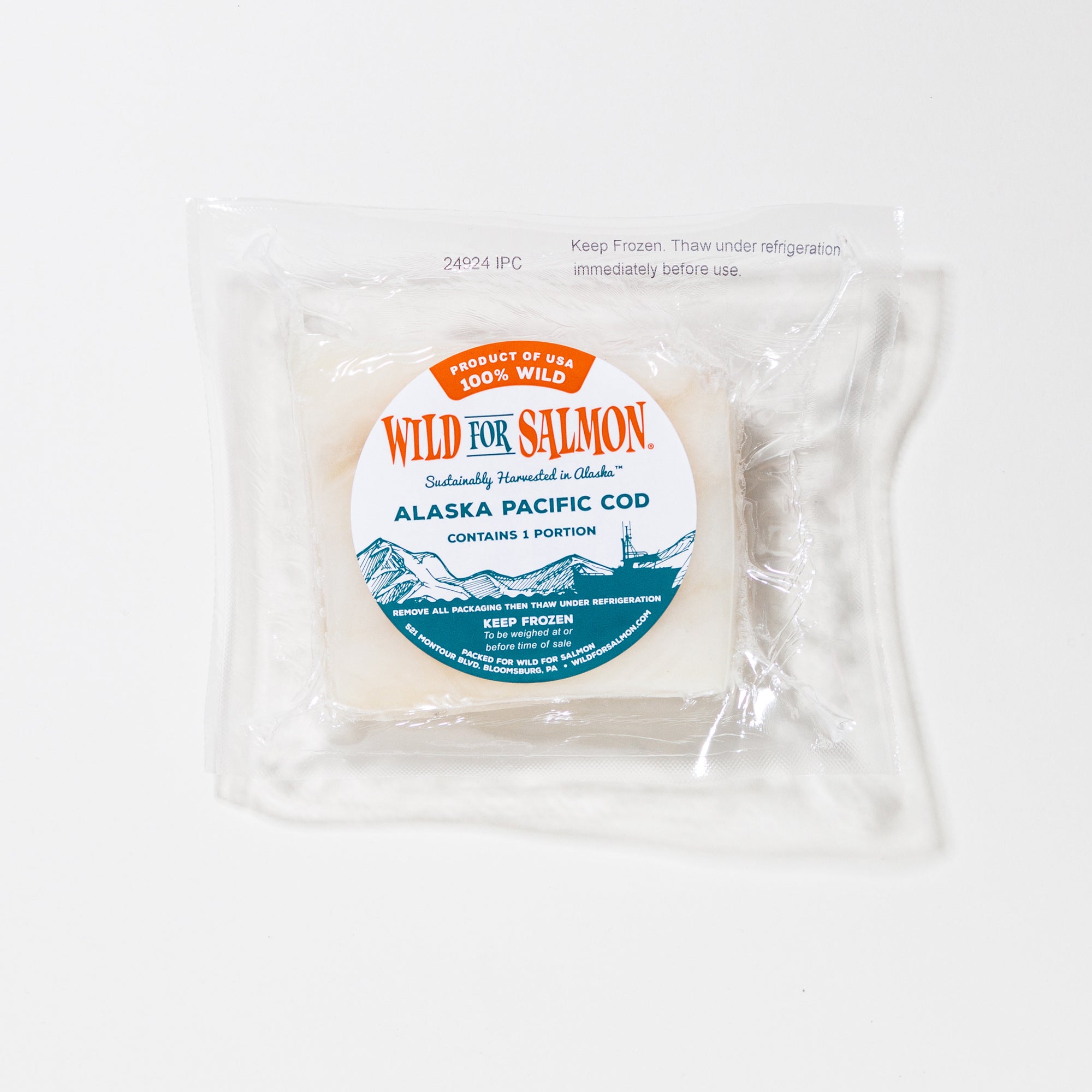 Packaged Alaska Pacific Cod with 'Wild for Salmon' label on a white background
