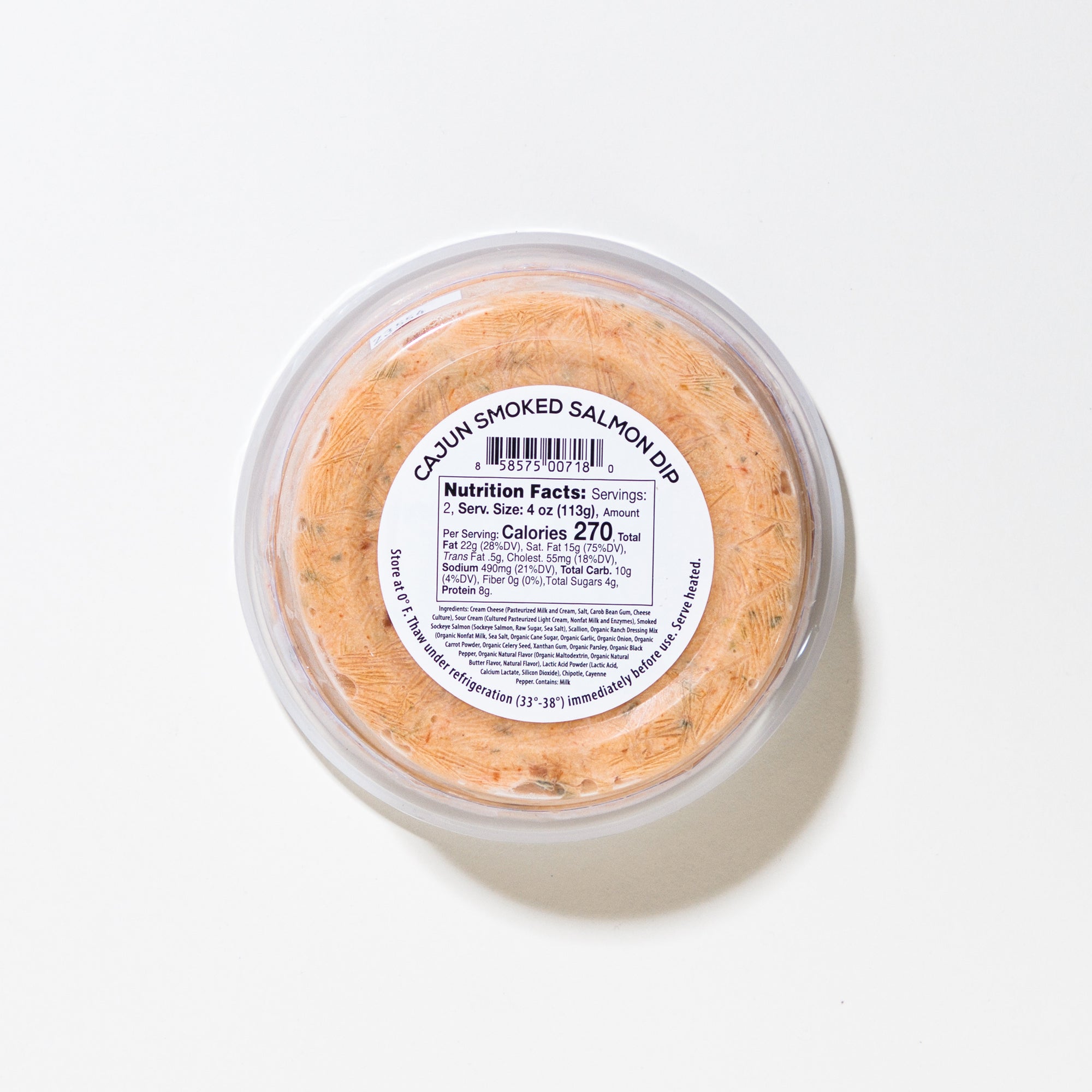 back of Cajun Smoked Salmon Dip with a label on a white background
