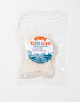 Packaged wild halibut with 'Wild for Salmon' label on a white background