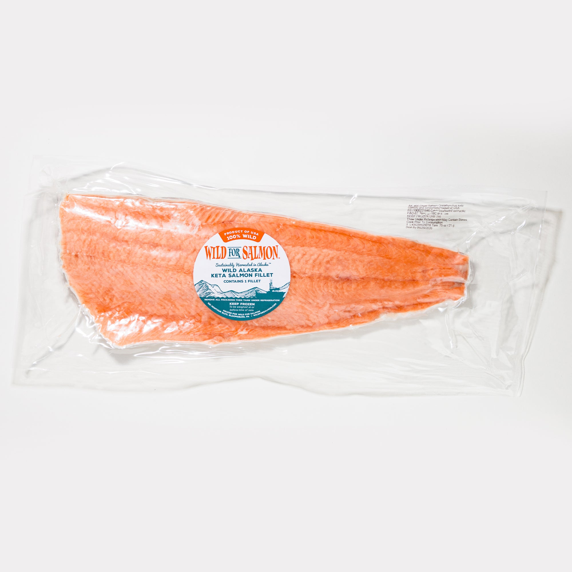 Packaged salmon fillet with a Wild for Salmon label on a white background
