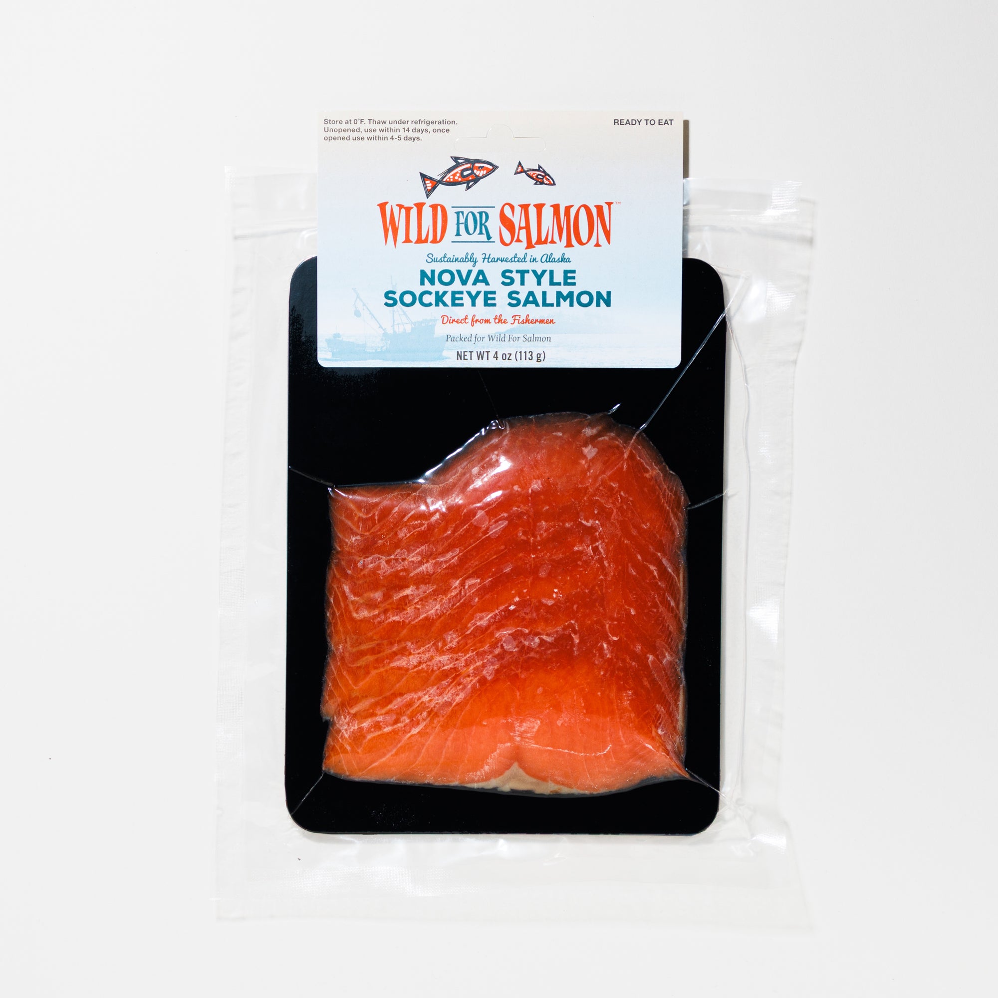 Packaged cold smoked sockeye salmon with 'Wild for Salmon' label on a white background