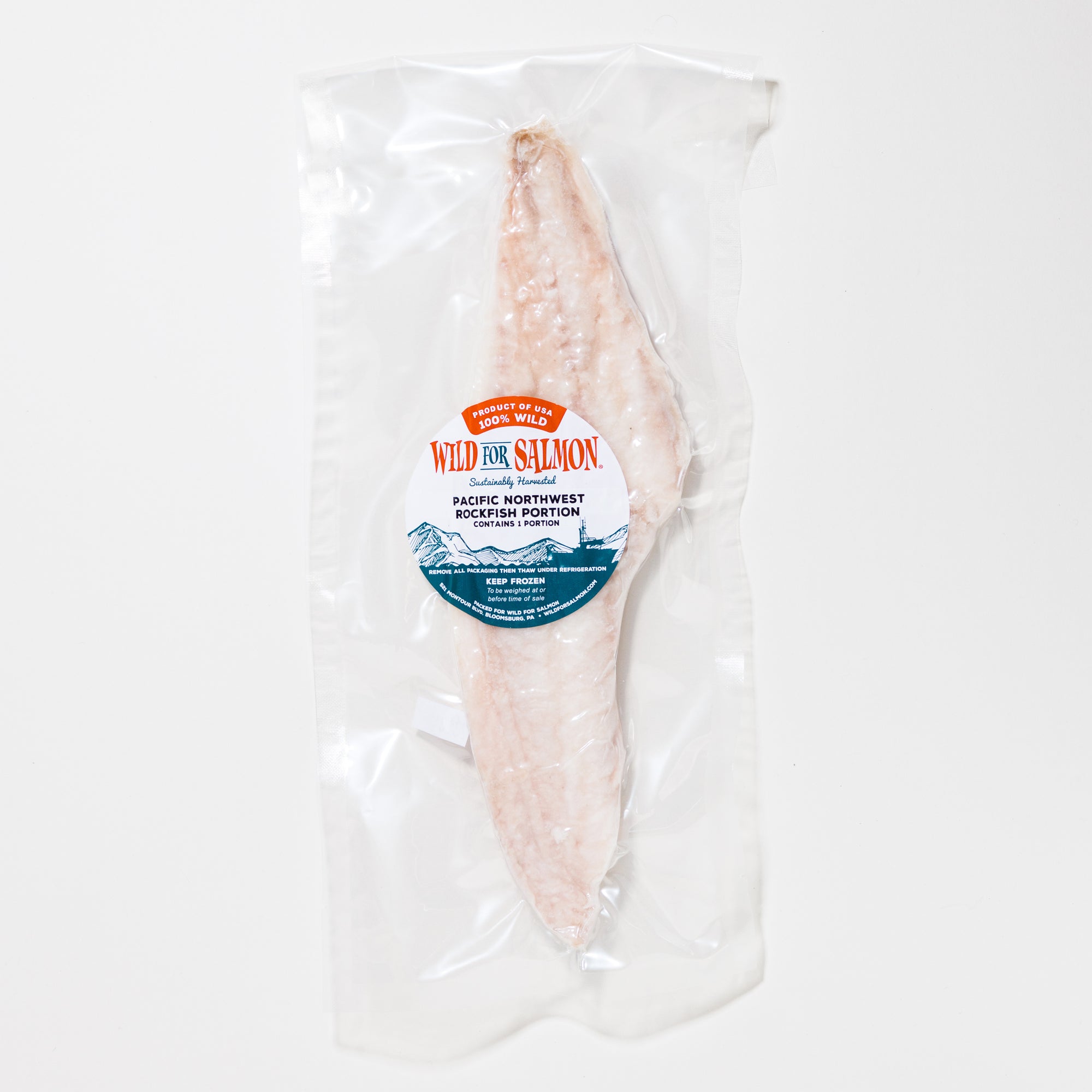 Packaged wild rockfish with a Wild for Salmon label on a white background