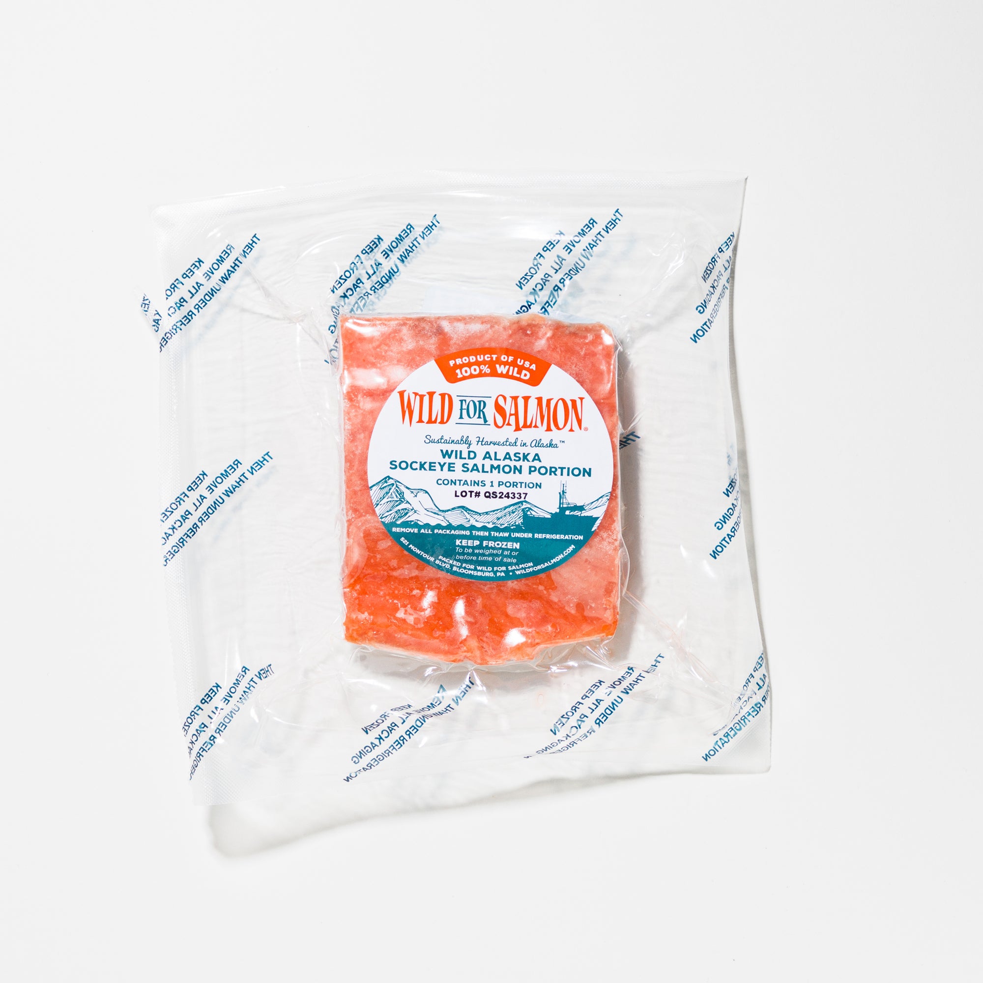 Packaged sockeye salmon with 'Wild for Salmon' label on a white background