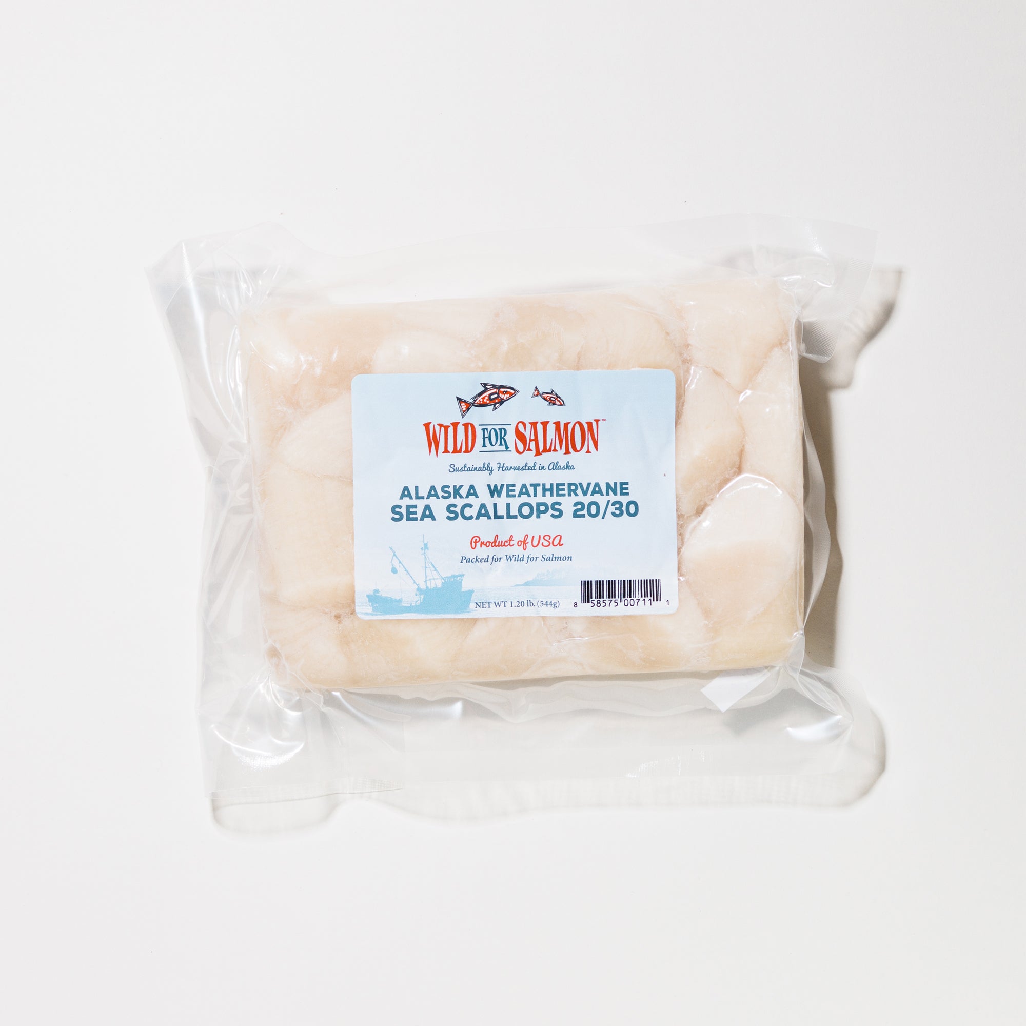 Packaged wild weathervance scallops with a label on a white background