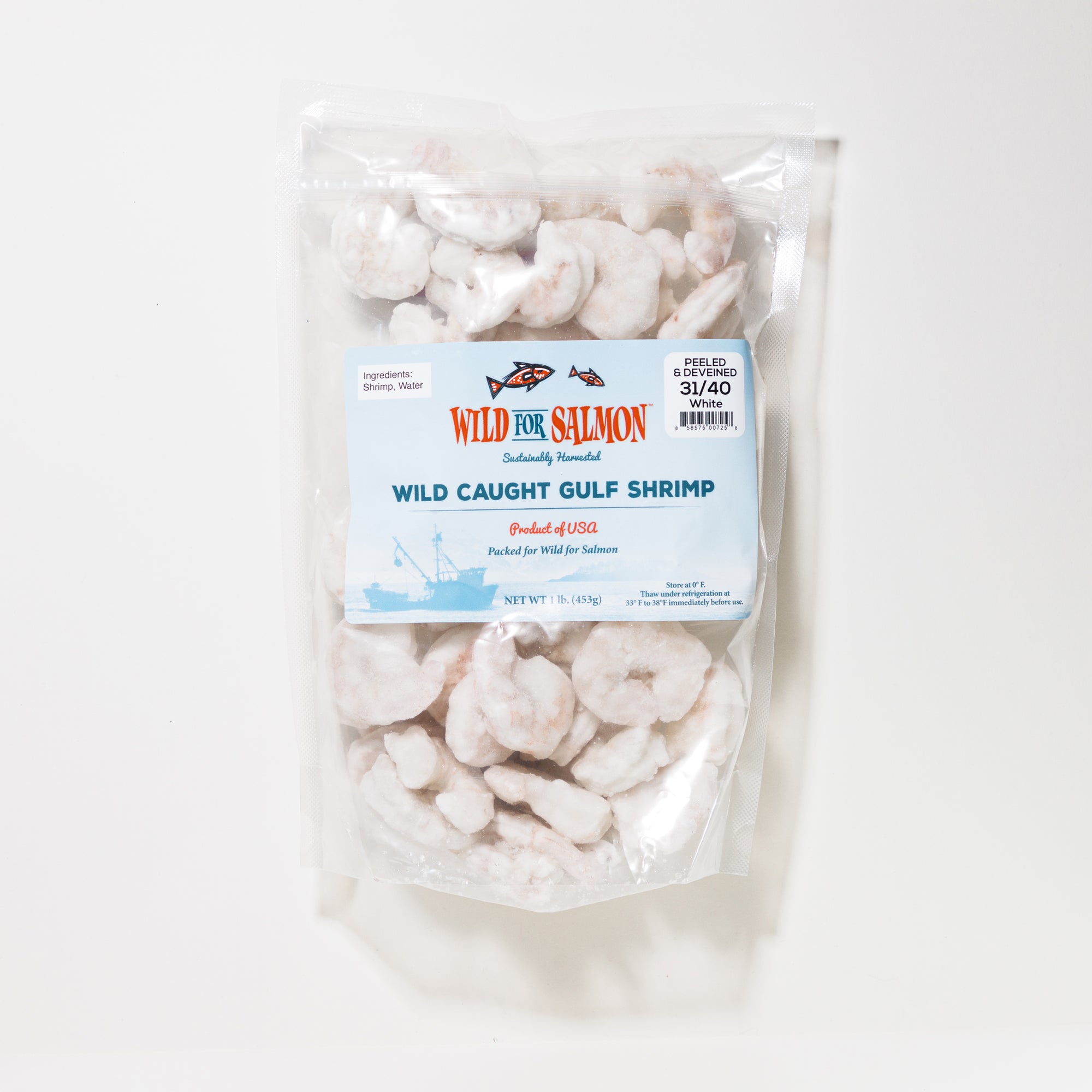 Packaged wild caught Gulf shrimp with a 'Wild for Salmon' label on a white background