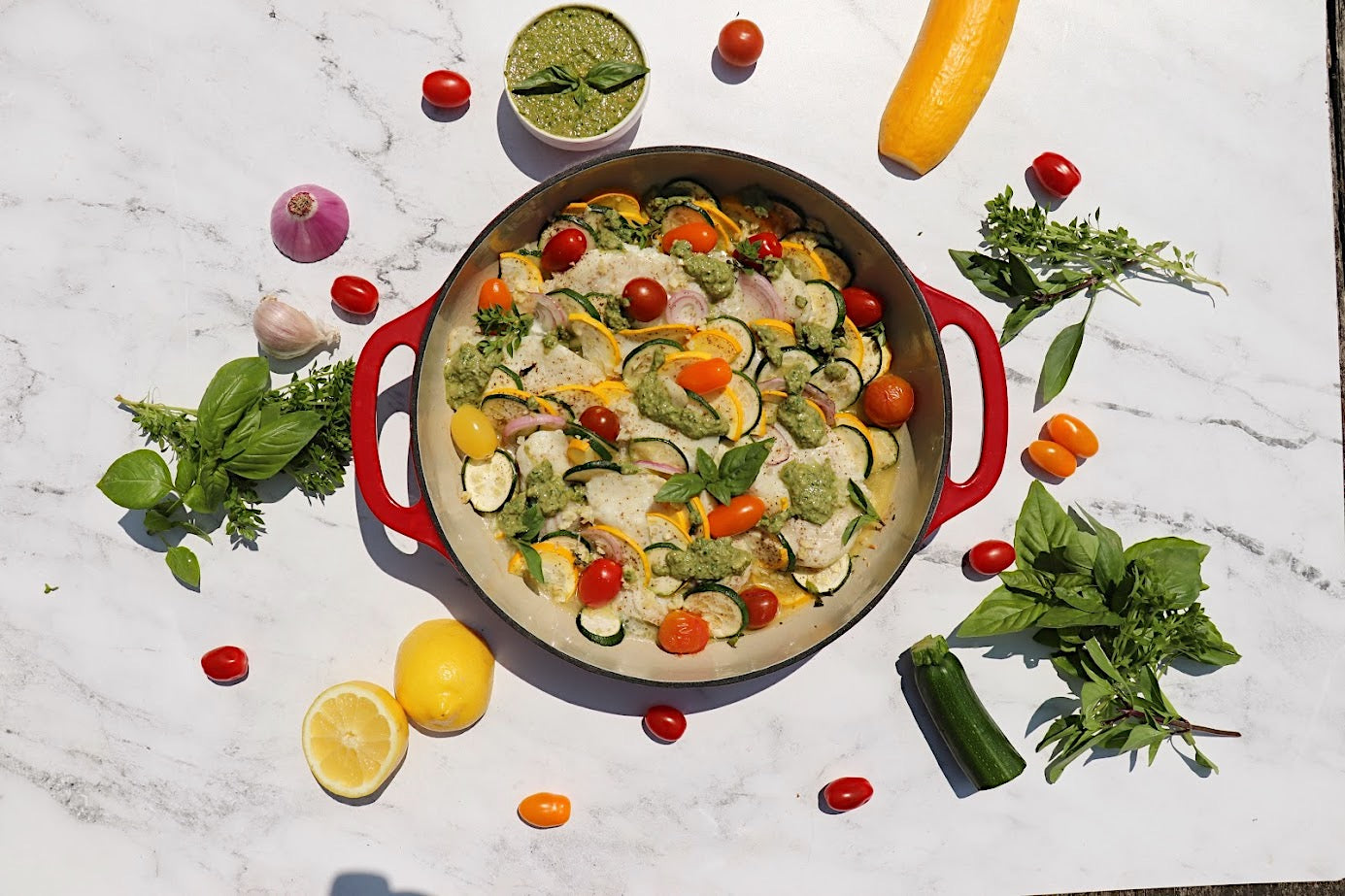 Halibut Cheeks with Squash and Pesto