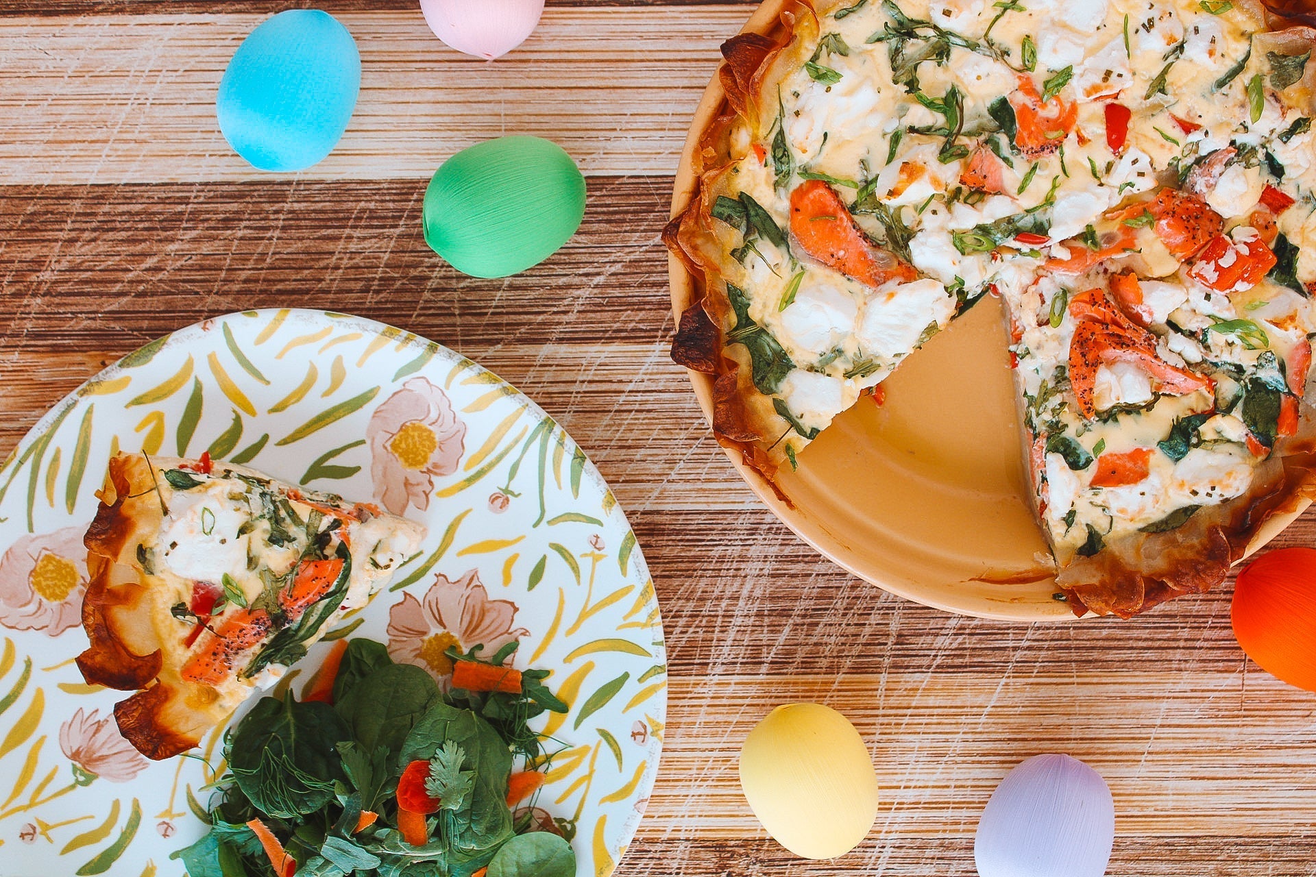 Peppered Salmon, Goat Cheese, and Leafy Greens Quiche with a Potato Crust