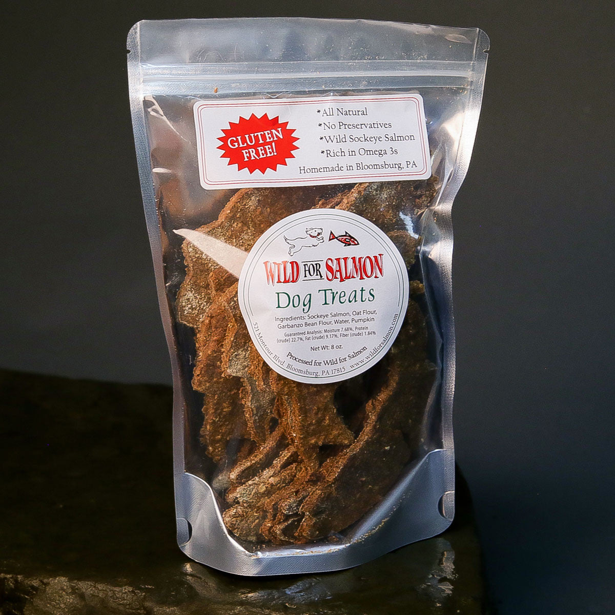 Package of Wild for Salmon dog treats with a clear front, showing the treats inside.